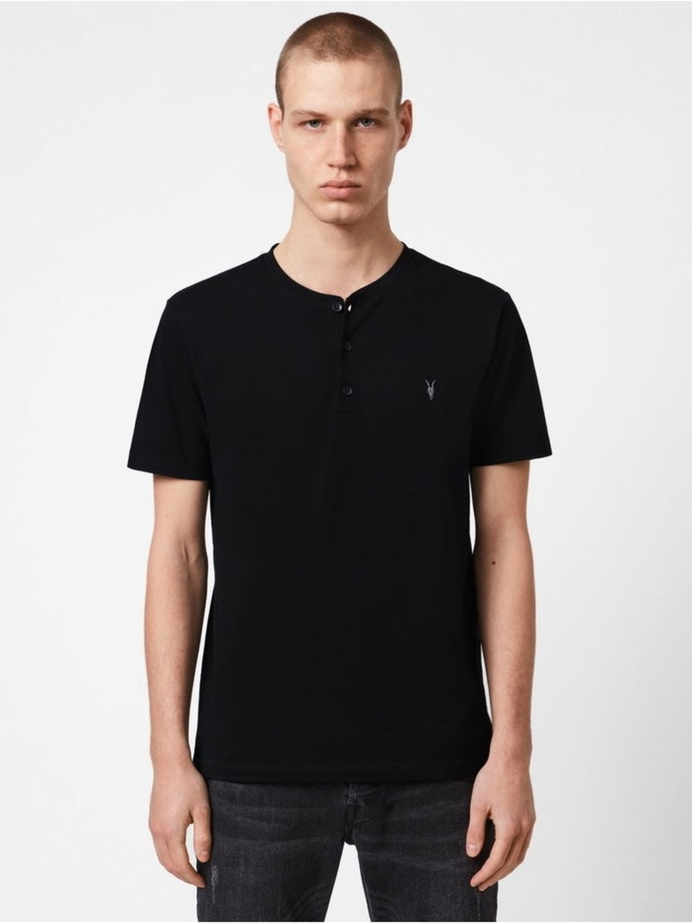 All Saints Black Short-Sleeve Henley Tee size Medium